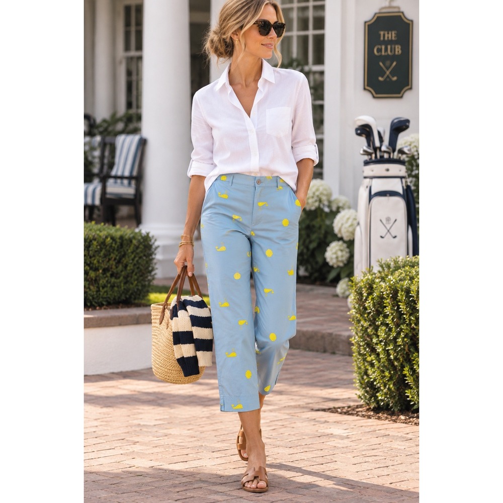 Lilly Pulitzer Blue Whale Seashell Embroidered Cropped Pants Size 8 Preppy